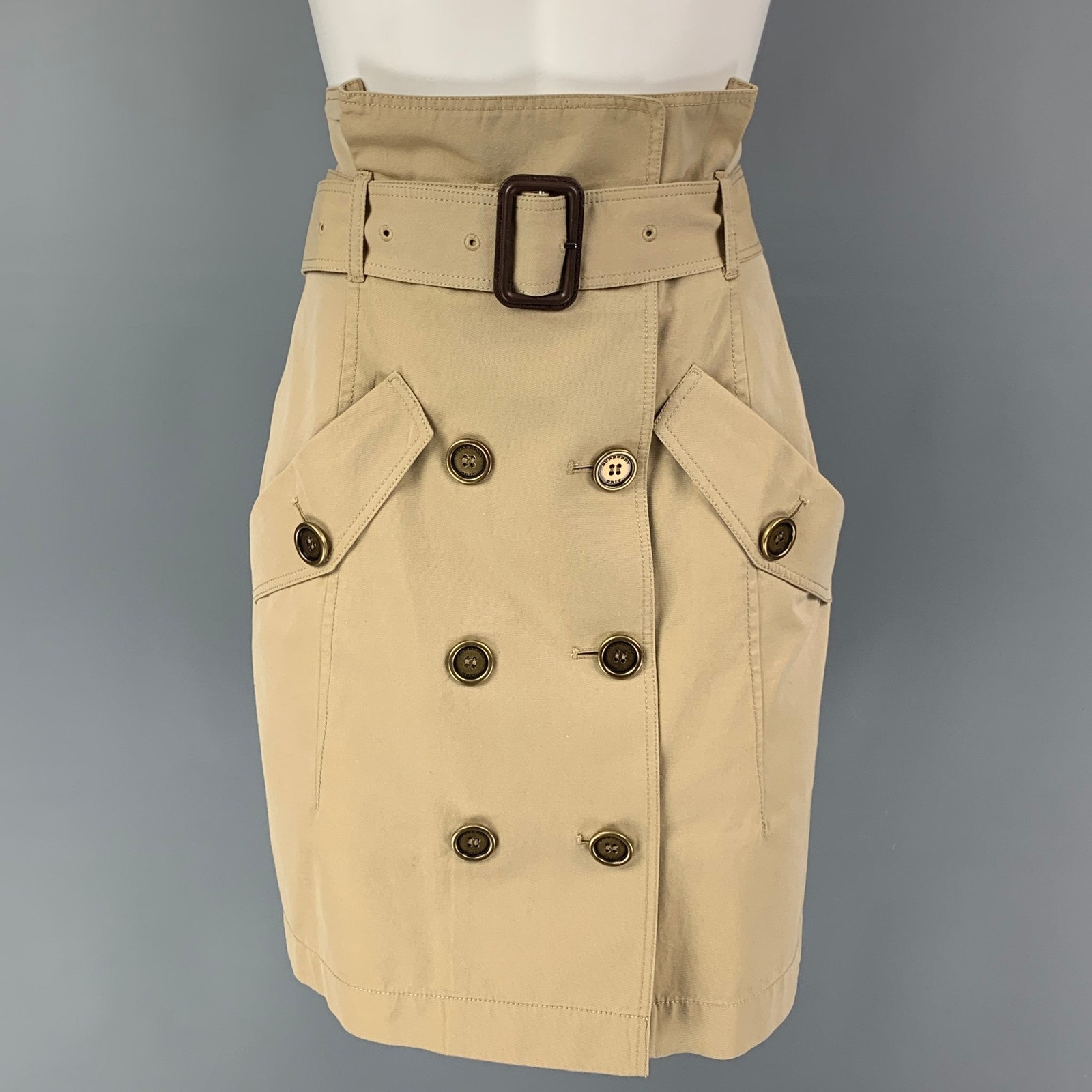 Burberry Brit Size 6 Khaki Cotton Double Breasted Belted Skirt